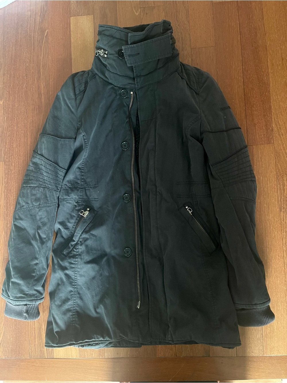 Zadig & Voltaire Black Sherpa-Lined Military Parka Jacket Leather Trim Size M